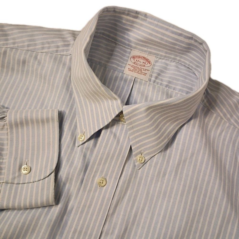 Brooks Brothers Button Down Shirt Mens XL 17.5-34 Blue White Striped Oxford